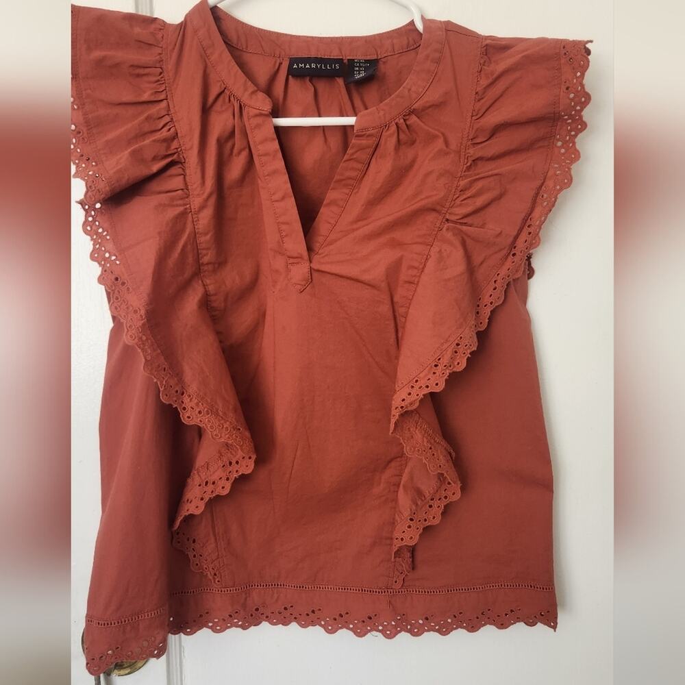 AMARYLLIS Rust orange Eyelet ruffle short sleeve blouse XS